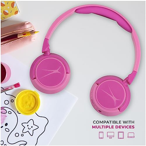 Altec Lansing Kid Safe 2-in-1 Wireless Bluetooth Headphones - Crystal Clear Sound, Safe Volume Limiting, Foldable Design - Enjoy Audio and Protect Your Child's Hearing (Princess Pink) - color: Princess Pink