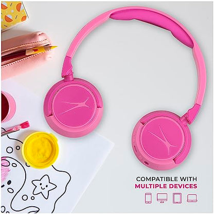 Altec Lansing Kid Safe 2-in-1 Wireless Bluetooth Headphones - Crystal Clear Sound, Safe Volume Limiting, Foldable Design - Enjoy Audio and Protect Your Child's Hearing (Princess Pink) - color: Princess Pink