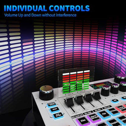Streaming Audio Mixer, LCD Gaming Audio Mixer Interface, Live Sound Card with Bluetooth, 48V Phantom Power for Live Streaming Podcast, Recording, Gaming