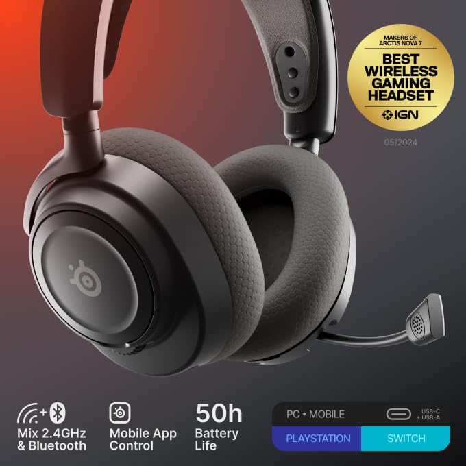 SteelSeries Arctis Nova 7 Wireless Gen 2 Gaming Headset, Real-Time App Control, 50+ HR Play, Neodymium Drivers, Mix 2.4GHz/Bluetooth, Compatible with PC, PS5, PS4, Switch 1/2, Mobile - Black (Renewed) - color: Black, style: Over the ear