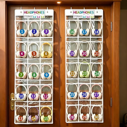 2 Pack Clear PVC Classroom Headphone Storage Organizer - 30 Pocket Over-the-Door Hanging Holder Bag for Headphones/Cell Phones, Includes 62 Labels