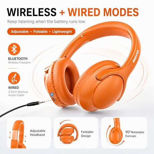 MIDOLA Bluetooth Headphones Wireless 68H with Mic,Decent Sound-Acceptable | Adjustable Headband Foldable Over-Ear Lightweight for Office/Travel/Tablet/iPad/Laptop,HD Stereo Sound,Aux 3.5mm Orange - color: Orange