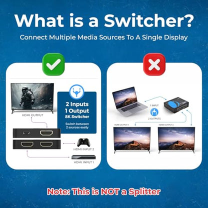 OREI 8K HDMI 2.1 2-Port Switch with Audio Extractor 48 Gbps, 8K@60Hz, EDID | hdmi switch with audio extractor, hdmi 2 in 1 out, Audio Out, HDCP 2.3, Gaming & Streaming, IR Remote, Plug & Play