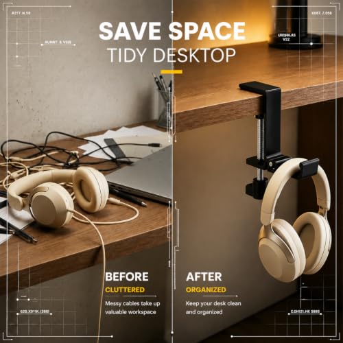 JAKO Headphone Stand for Desk, Aluminum Alloy Foldable Headphone Holder - Headset Stand Hook Mount, PC Gaming Headset Holder Under Desk Clamp for Office, Computer, Student Class Table, Handmade Table - color: Black