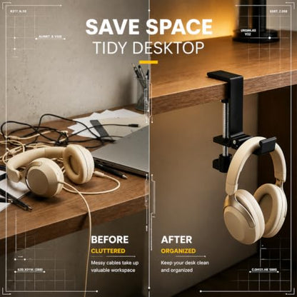 JAKO Headphone Stand for Desk, Aluminum Alloy Foldable Headphone Holder - Headset Stand Hook Mount, PC Gaming Headset Holder Under Desk Clamp for Office, Computer, Student Class Table, Handmade Table - color: Black
