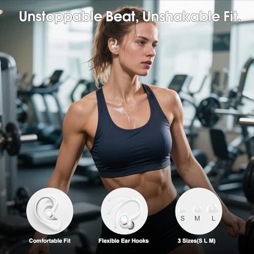 Wireless Sports Earbuds with Earhook, 48H Deep Bass/ENC Mic Ear Buds White | Wireless Earphone with LED Display, Bluetooth 5.3 Headphones In Ear, IPX7 Waterproof Over Ear Buds for Running/Workout - color: White
