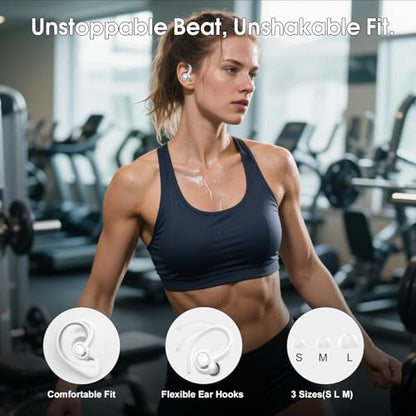 Wireless Sports Earbuds with Earhook, 48H Deep Bass/ENC Mic Ear Buds White | Wireless Earphone with LED Display, Bluetooth 5.3 Headphones In Ear, IPX7 Waterproof Over Ear Buds for Running/Workout - color: White