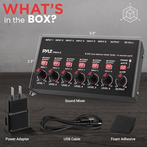 Pyle 6-Channel Bluetooth Mini Line Mixer with USB Audio Interface - 6 Mono/Stereo Switching Inputs | Ultra-low Noise Design with High Headroom | Built-in USB-C Sound Card - PMAX6 - size: 6 Channel