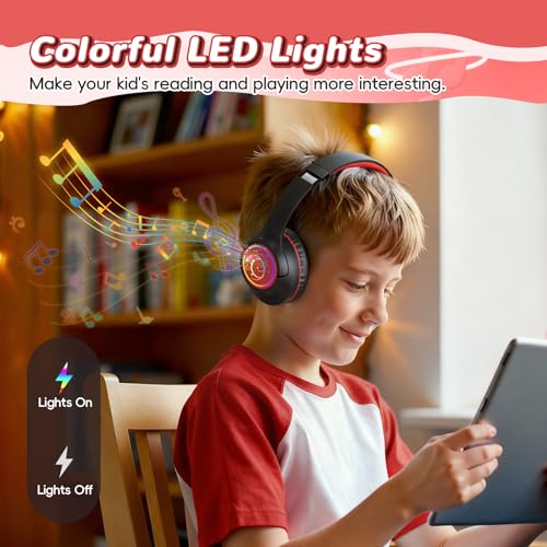Kids Bluetooth Headphones, 85H Playtime for Toddler Boys, Black with LED - color: Black