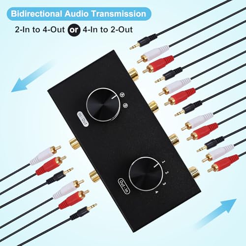 Bi-Directional 2 in 4 Out & 4 in 2 Out RCA 3.5mm Port Audio Switcher, 2-Way 4-Way 4x2 RCA 1/8 Stereo Speakers Headphones Audio Switch Selector Box