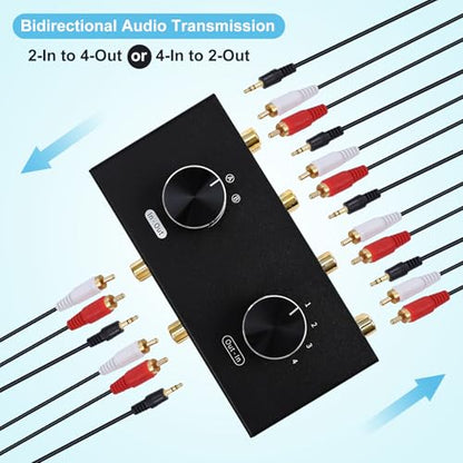 Bi-Directional 2 in 4 Out & 4 in 2 Out RCA 3.5mm Port Audio Switcher, 2-Way 4-Way 4x2 RCA 1/8 Stereo Speakers Headphones Audio Switch Selector Box