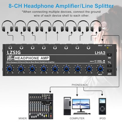 LZSIG Headphone Amplifier with Bass Boost, 8 Channel, 1 IN 8 OUT, DC 12V | Metal Stereo Audio Amplifier, Mini Earphone Splitter with Power Adapter, 1/4" & 1/8" TRS Headphones Output & TRS Audio Input - size: Large(8-channel)
