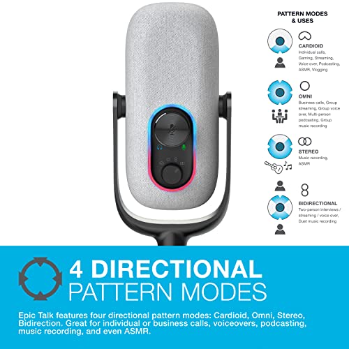 JLab Epic Talk USB-C Microphone with Cardioid, Omni, Stereo, bi-Directional Modes, gain and Mute Controls, 3.5mm aux, White - color: White