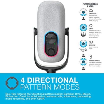 JLab Epic Talk USB-C Microphone with Cardioid, Omni, Stereo, bi-Directional Modes, gain and Mute Controls, 3.5mm aux, White - color: White