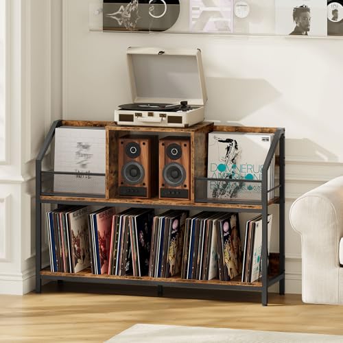 43" Vinyl Record Storage Holder, Large Record Player Table, Holds up to 400 Albums, Vinyl Record Player Display Stand, Removable Dividers, for CD, Audio Equipment Storage, Rustic Brown TCW77BF