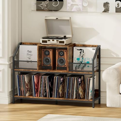 43" Vinyl Record Storage Holder, Large Record Player Table, Holds up to 400 Albums, Vinyl Record Player Display Stand, Removable Dividers, for CD, Audio Equipment Storage, Rustic Brown TCW77BF