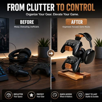 Acacia Wood Gaming Headset Stand & Dual Controller Holder, Solid Wood Desk Organizer Compatible with PS5, Xbox, Switch, Over-Ear Headphones, Gamer Gift for Men