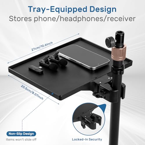 BILIONE Microphone Stand Floor with Tray & Boom Arm, 5.5lbs Weighted Base | Height Adjustable Studio/Podcast Mic Stand w/ 3/8'' to 5/8'' Adapter & 2 Mic Clips Compatible with Blue Yeti QuadCast AT2020