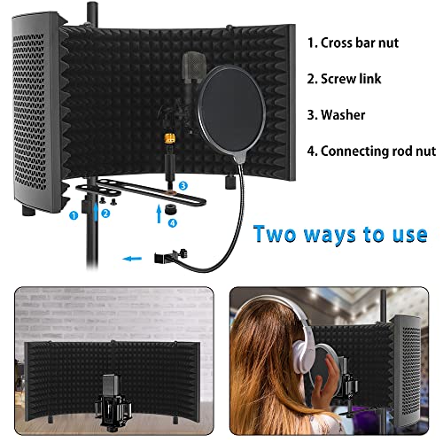 Microphone Isolation Shield with Stand Curved Panel, Foldable Mic Shield with Triple Sound Insulation, Studio Mic Sound Absorbing Foam Reflector for Sound Recording, Podcasts - size: Large