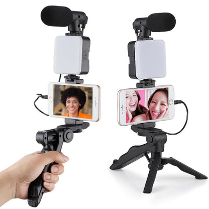 HuaerHui Vlogging Starter Kit with Mini LED Video Light + Shotgun Microphone + Universal Cellphone Holder Clip + Pistol Grip Tripod Compatible with Smart Phones/Cameras