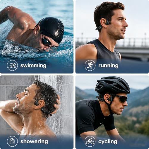 Full-Coverage Liquid Silicone Swimming Headphones,IP68 Waterproof Underwater Headphones, Bluetooth 6.0&MP3 with 32GB Memory Card,Soft/Skin-Comfortable Open Ear Bone Conduction Swim Earbuds(Black - color: Black