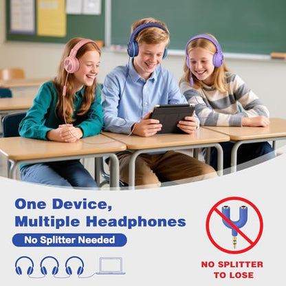SIMOLIO Kids Wired Headphones for School, USB C to 3.5mm Dongle Stereo Sound Foldable Headphones w/Mic, Share Port & Safe Volume, Passive Noise Cancelling w/Pouch for iPhone iPad PC Travel (Pink)