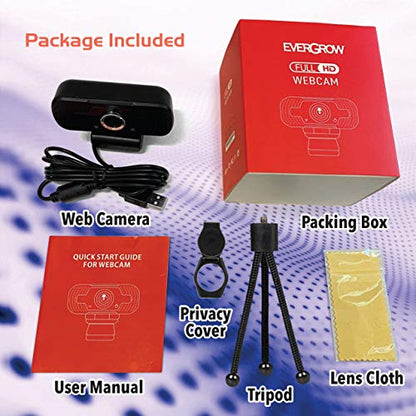 USB Webcam/Microphone,1080P Full HD Web Cameras for Computers Desktop & Laptop PC, Privacy Cover, Tripod, Lense Cloth, Plug and Play, Auto Focus for Video Calling, Conferencing, Recording, Gaming