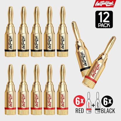 Install Link Banana Plugs for Speaker Wire (12 Pack) Gold-Plated, Red/Black | 14/16/18 AWG (Gauge), Expanding Pins into 4mm Binding Posts, 6 Red + 6 Black, for Home Theater Amps & Receivers