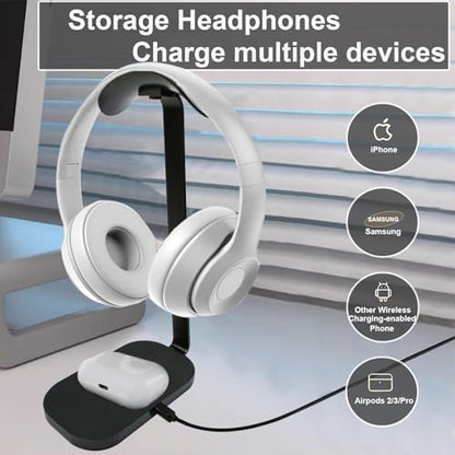 Headphone Stand with Wireless Charging, 15W Gaming Headset Holder for Desk, Aluminum Support Bar, Silicone Pad Headrest, Suitable for All Headphones
