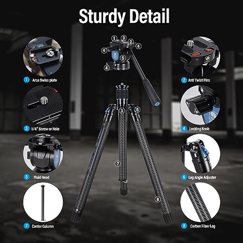 SIRUI Carbon Fiber Tripod Lightweight 2lbs with Panoramic Fluid Head, 59.8” Compact Camera Tripod Quick Release Leg Setup, Reversible Center Column, Reverse Folding Legs, Max Load 11lbs - Traveler X - size: Fluid Head/AT-10