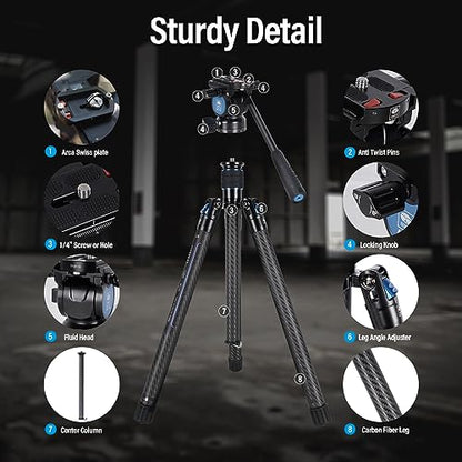 SIRUI Carbon Fiber Tripod Lightweight 2lbs with Panoramic Fluid Head, 59.8” Compact Camera Tripod Quick Release Leg Setup, Reversible Center Column, Reverse Folding Legs, Max Load 11lbs - Traveler X - size: Fluid Head/AT-10