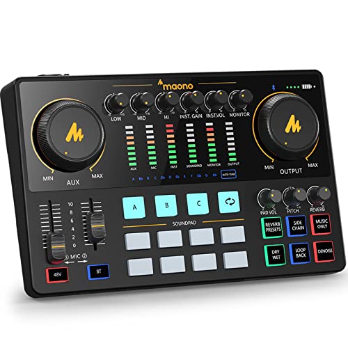 MAONO AME2 Audio Interface Mixer, Podcast Studio Console with XLR Input | 48V phantom power, Bluetooth, 11 custom sound pads, podcast recording, YouTube/TikTok live streaming, PC and XLR mic setup