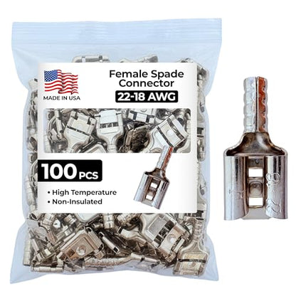 100 Pcs High Temperature Non-Insulated Female Spade Connectors - 22-18 Gauge Quick Disconnect .250 Tab - Wire Splice Connectors for Strong Crimps in Electrical Wire Terminals - Made in USA - size: 22-18 AWG Female 1/4" Tab