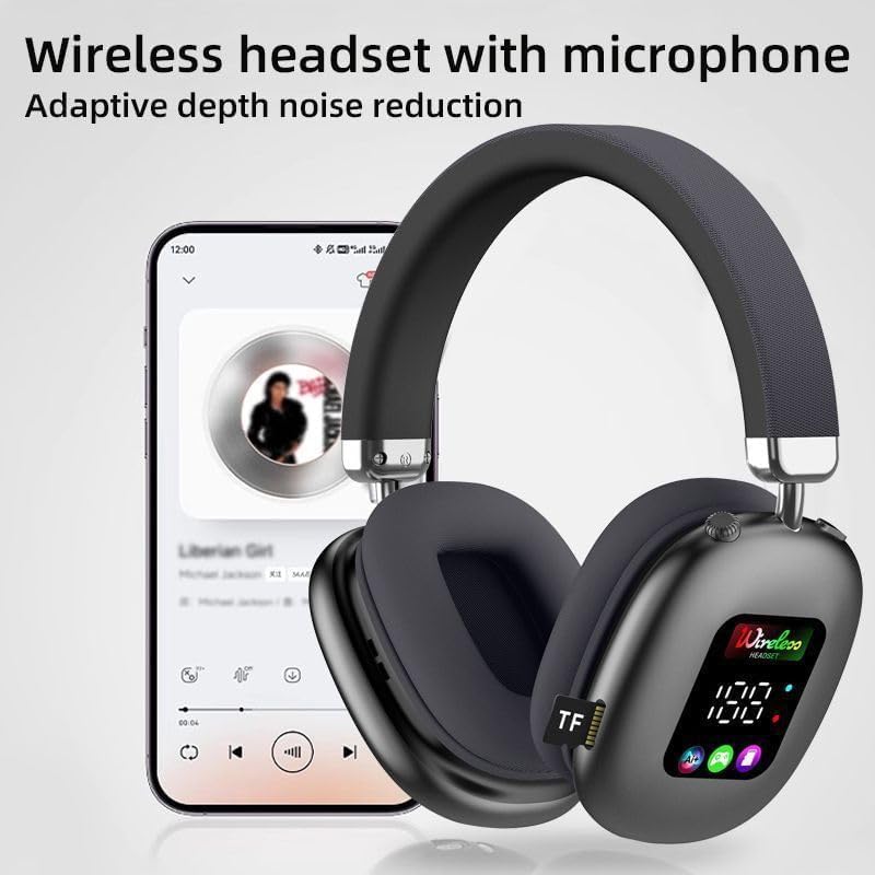 Wireless Bluetooth Over-Ear Headphones with Mic, LED Display, Deep Bass Stereo Sound, Low Latency, Noise Cancelling Mic, Lightweight Headset for Work, Home, PC, Phone (Tan) - color: Tan
