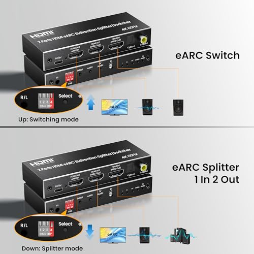 HDMI eARC Audio Extractor, HDMI Splitter 1x2, 4K@60Hz Switch 2 in 1 Out