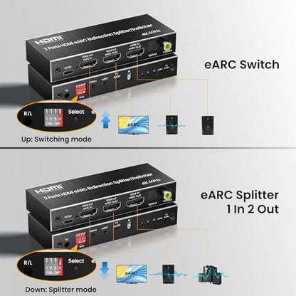 HDMI eARC Audio Extractor, HDMI Splitter 1x2, 4K@60Hz Switch 2 in 1 Out