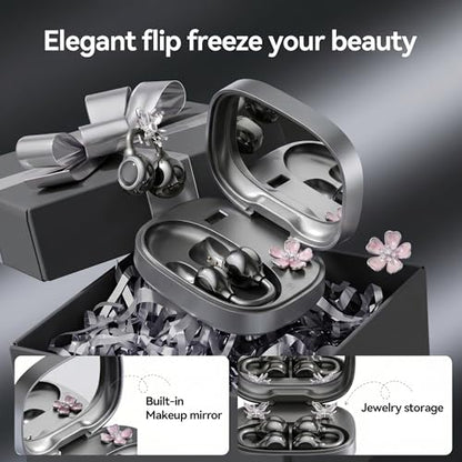 Open Ear Wireless Earbuds for Women with Makeup Mirror Charging Case, Clip-on Bluetooth 6.0 Headphones with Spatial Audio, Includes Flower & Butterfly Earrings, Long Battery Life (Black) - color: Black