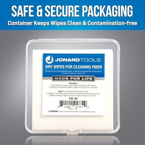 Jonard Tools DW-90 Pack of 90 Dry Wipes for Cleaning Bare Fiber, Connector End-Faces, and Electronic Components