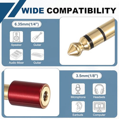 MECCANIXITY 2Pcs TRS 6.35mm Male to 3.5mm Female 1/4" Plug to 1/8" Jack Red | Stereo Headphone Adapter, Audio Converter, Pure Copper, Gold Plated, for Guitars Speakers Computers - color: Red