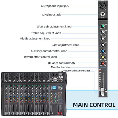 Depusheng DT12 Studio Audio Mixer 12-Channel DJ Sound Controller Interface w/USB Drive for Computer Recording Input, XLR Microphone Jack, 48V Power, RCA Input/Output for Professional and Beginners