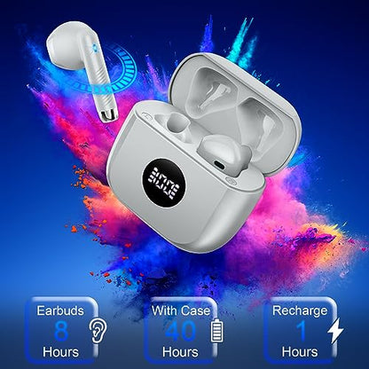 Wireless Earbuds, Bluetooth 5.4 Ear Buds, LED Power Display, 6D Bass Stereo | 4 ENC Noise Cancelling Mic, HiFi Stereo, In-Ear Headphones, 40H Playback Mini Case, IP7 Waterproof Sports, for Android iOS - color: Light Grey