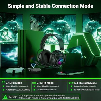 Krysenix Wireless Gaming Headset for Xbox Series,PC,PS5,PS4,Switch-Black | 50mm Drivers,2.4 GHz Wireless & Bluetooth 5.4 Gaming Headphones with Noise Canceling Microphone,RGB Lighting,1200mAh Battery - color: Black for XBOX