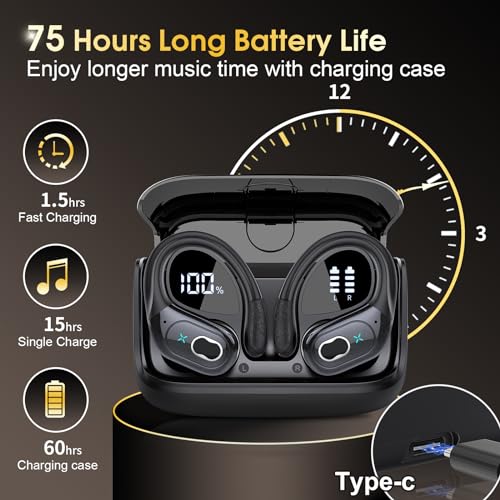 3 Sets Wireless Earbuds Sport, Bluetooth 5.4 Over Ear Buds Stereo Deep Bass Over Ear Bud with Earhooks, 75H Wireless Earphones with Mic, IPX7 Waterproof Earphone for Sports Black+Rose Gold+White