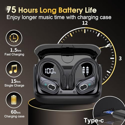 3 Sets Wireless Earbuds Sport, Bluetooth 5.4 Over Ear Buds Stereo Deep Bass Over Ear Bud with Earhooks, 75H Wireless Earphones with Mic, IPX7 Waterproof Earphone for Sports Black+Rose Gold+White