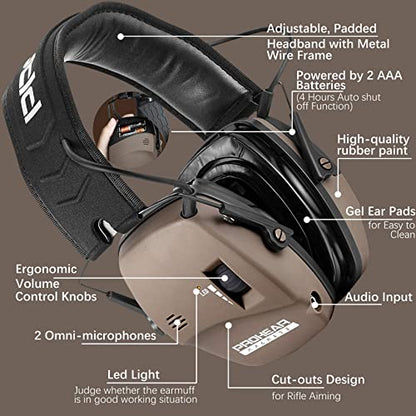 PROHEAR Digital Electronic Shooting Ear Protection Muffs with GEP02 Gel Ear Pads, Hunting 5X Sound Amplification Earmuffs, NRR 23dB Low Profile Hearing Protection for Gun Range - Brown - style: Electronic 2.0+gel Ear Pads-brown