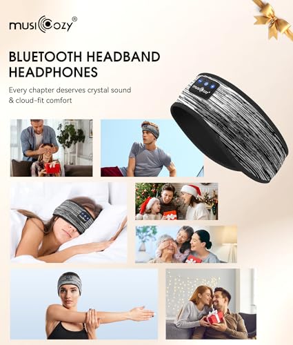 MUSICOZY Bluetooth 5.4 Sleep Headphones Headband Sports Wireless Audio | Earbuds 2 in 1 Design with Breathable Stretch Fabric, HD Stereo Sound Speakers for Workout Yoga Running, Nighttime Sleep Use - color: Stripped Gray