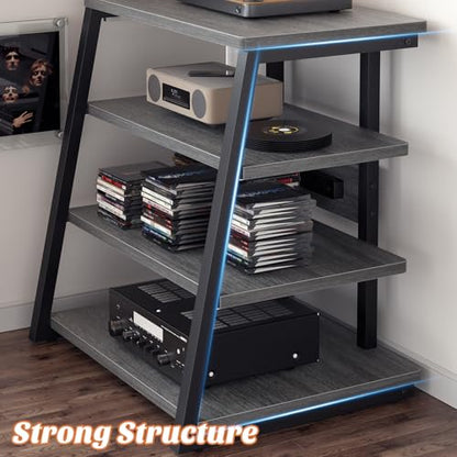 Besiost AV Media Stand with Outlets, Media Console with LED Lights, Stereo Racks and Stands with Storage Shelves, Media Audio Tower Stand, Light Grey Walnut - color: Grey Walnut