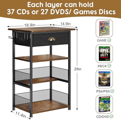 Hongtamoya 4-Tier AV Media Stand with Drawer, Gaming Console Shelf | Audio Rack Tower with 2 Hooks for PS5, Xbox, Switch, DVD Player, Record Player, Projector and TV Accessories Storage