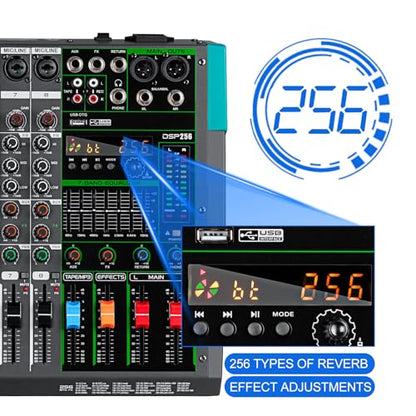 Depusheng PA8 Professional Audio Mixer Sound Board Console Desk System Interface 8 Channel Digital USB Bluetooth MP3 Computer Input 48V Phantom Power Built-in 256 Reverb Effect, Black