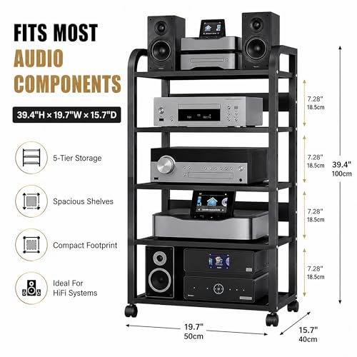 5 Tier Av Media Stand with Wheels, 39in Adjustable Audio Rack | Modern Stereo Racks And Stands, Audio-Video Shelving For Home, Office, Theater